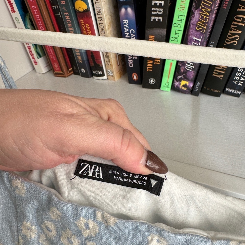 Zara blue white floral linen cotton blend belted y2k retro vintage mini dress - Picture 4 of 6